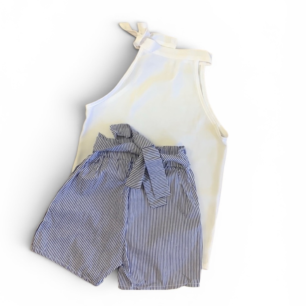 Girls Blue White Striped Shorts Set One Shoulder size 130 5/6